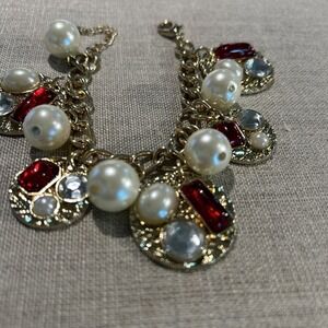 Red Pearl Clear  Cabochon Gold Runway Statement‎ Charm Bracelet 80s Vintage